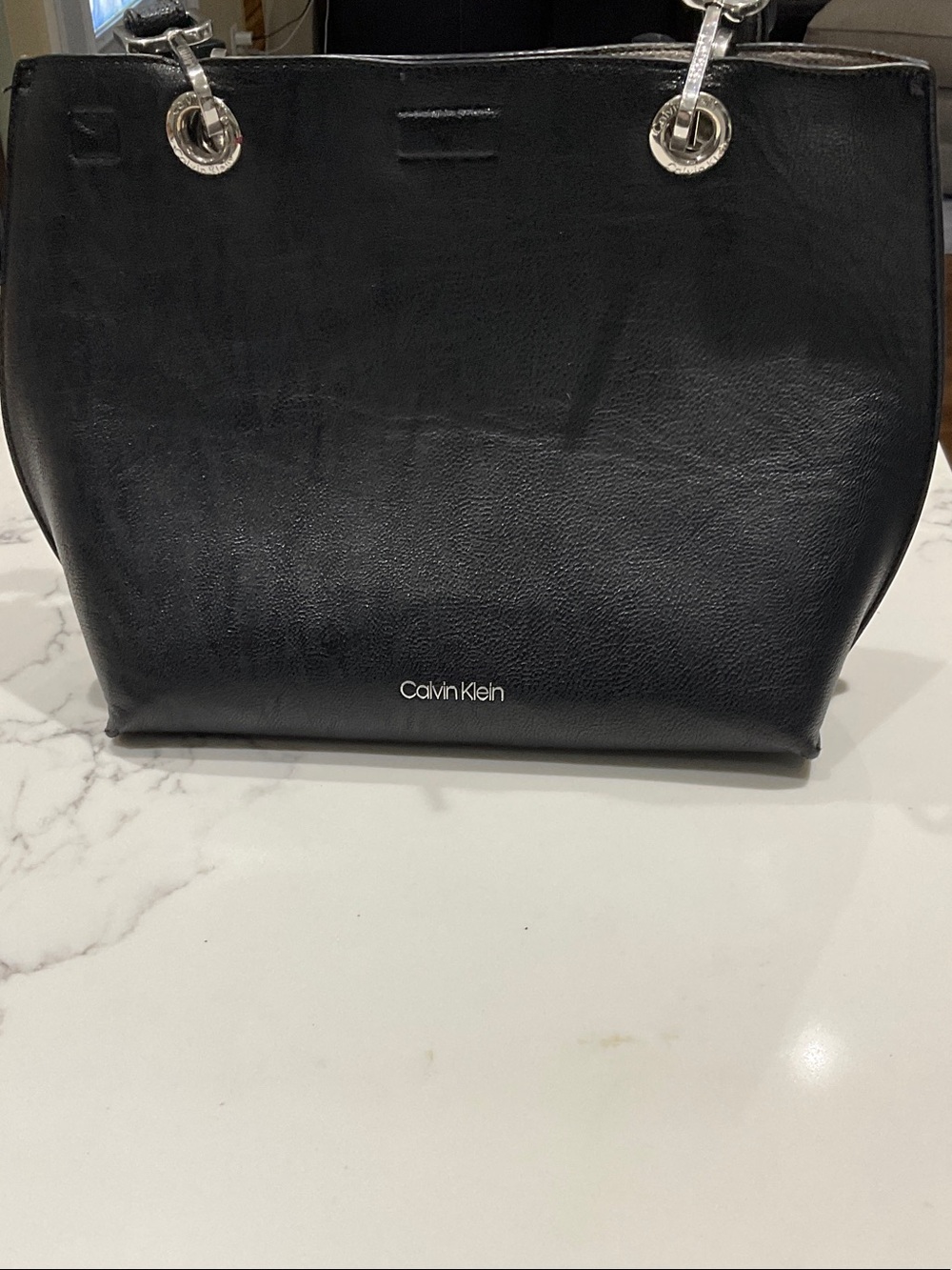 Calvin Klein Black Leather Tote with Silver Hardware